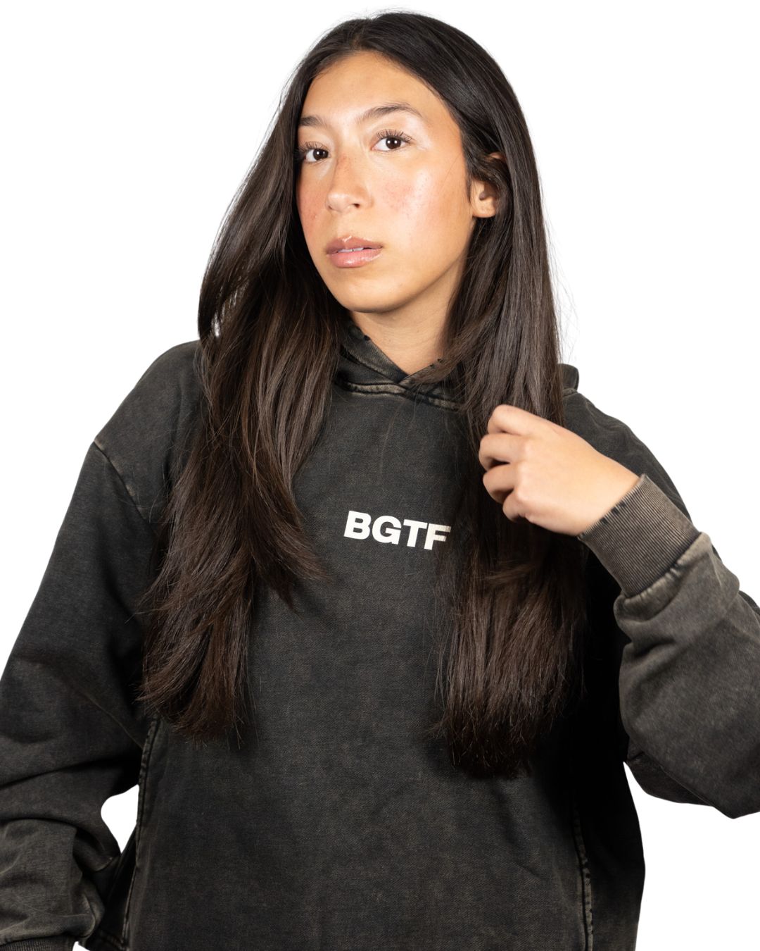 BGTF Black Vintage Washed Frayed-Hem Hoodie