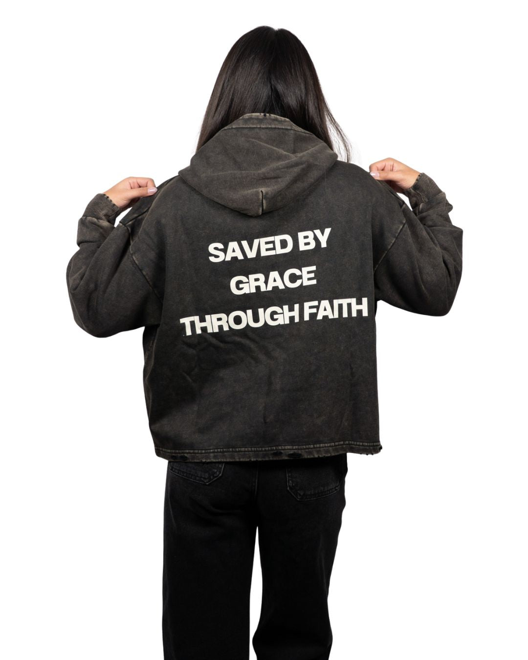 BGTF Black Vintage Washed Frayed-Hem Hoodie