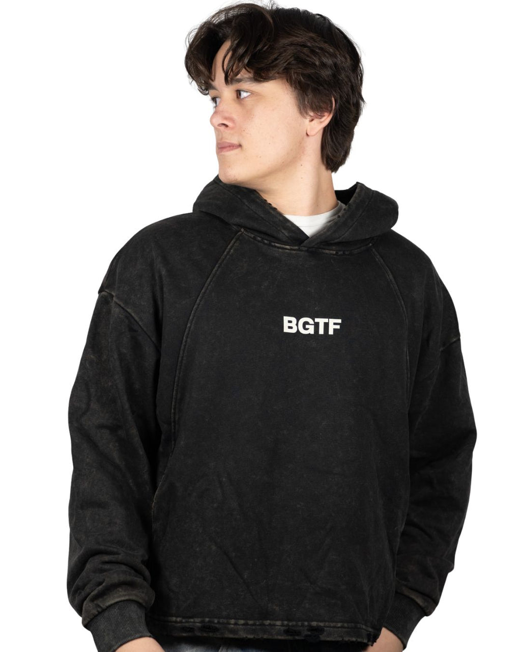 BGTF Black Vintage Washed Frayed-Hem Hoodie