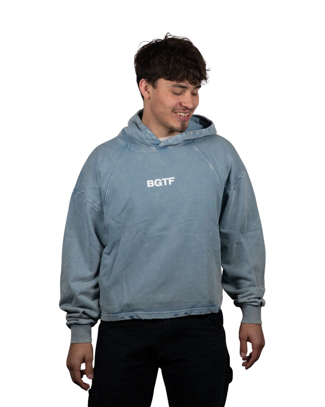 BGTF Blue Vintage Washed Frayed-Hem Hoodie