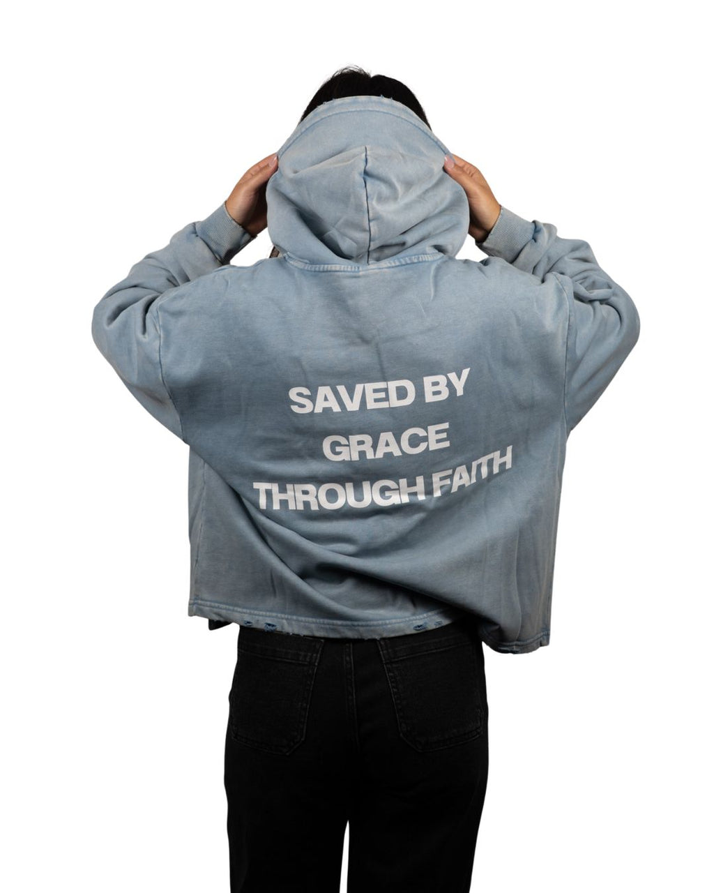 BGTF Blue Vintage Washed Frayed-Hem Hoodie