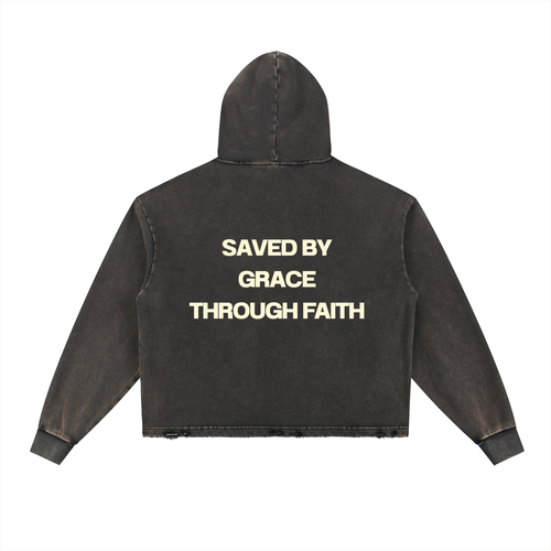 BGTF Black Vintage Washed Frayed-Hem Hoodie