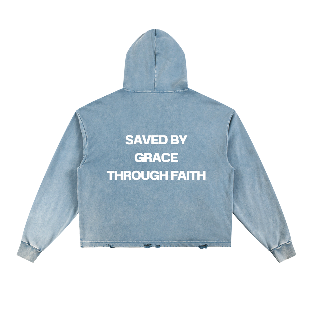 BGTF Blue Vintage Washed Frayed-Hem Hoodie