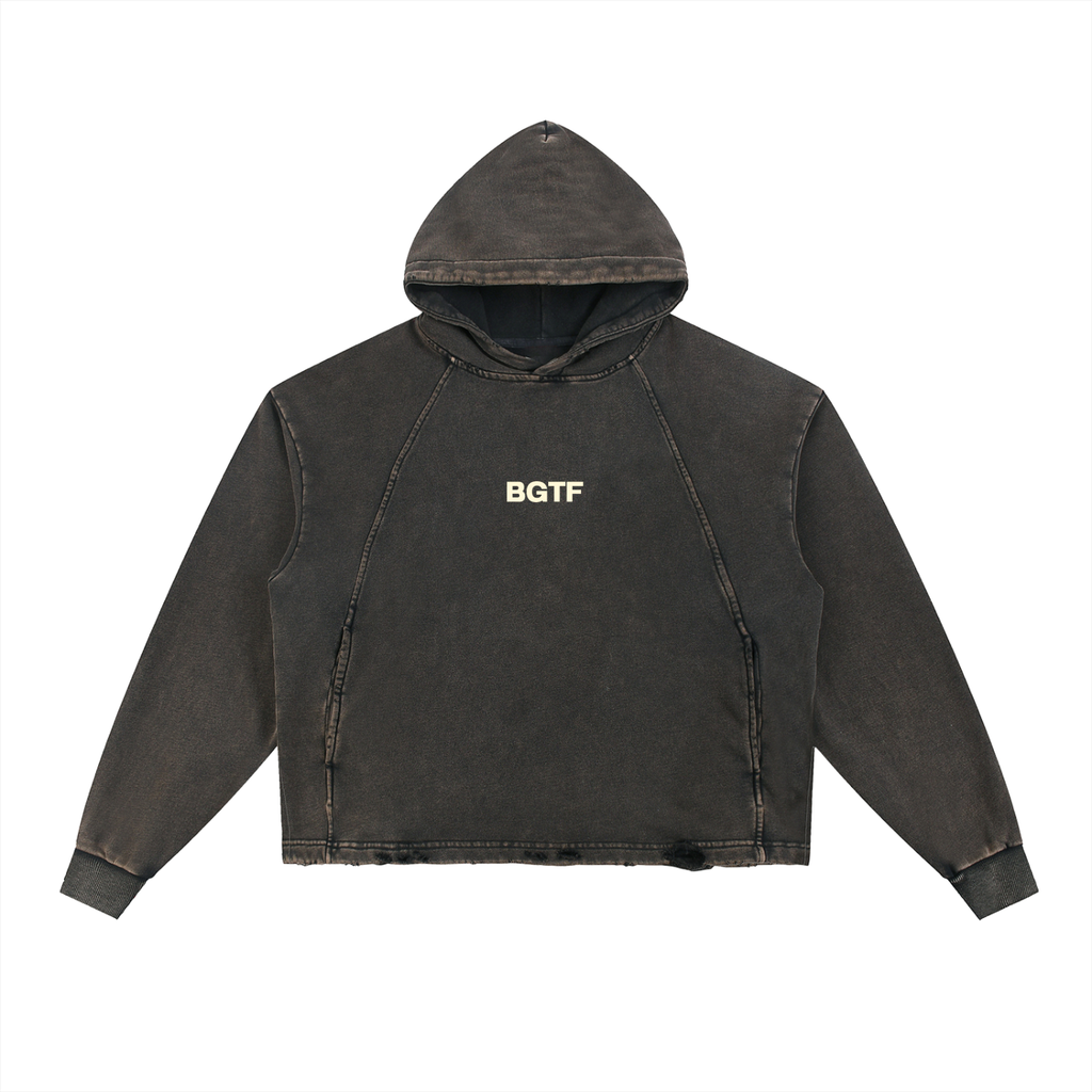 BGTF Black Vintage Washed Frayed-Hem Hoodie